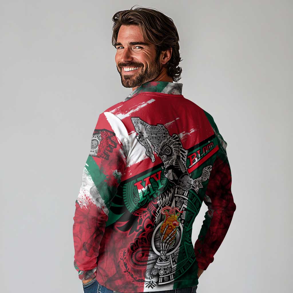 My Home My Blood Mexico Long Sleeve Polo Shirt Mexican Map Aztec