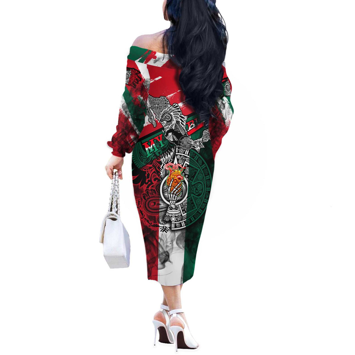 My Home My Blood Mexico Off The Shoulder Long Sleeve Dress Mexican Map Aztec