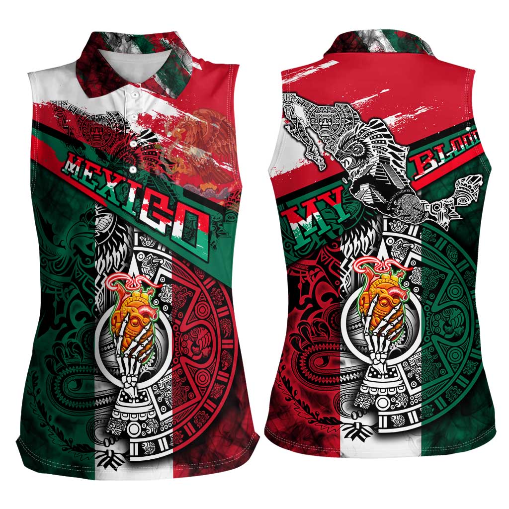 My Home My Blood Mexico Women Sleeveless Polo Shirt Mexican Map Aztec