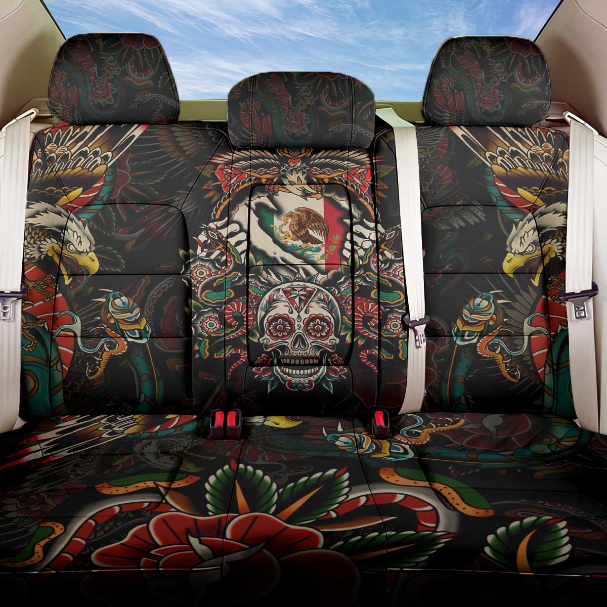 Mexico Sugar Skull Back Car Seat Cover Tattoo Art Mexican Flag