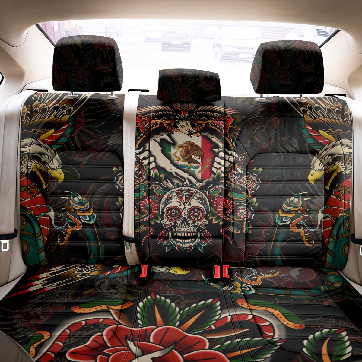 Mexico Sugar Skull Back Car Seat Cover Tattoo Art Mexican Flag