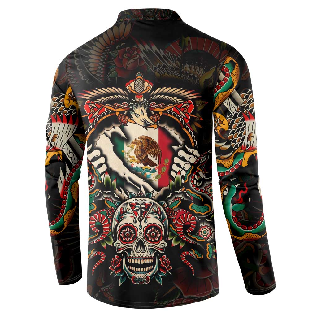 Mexico Sugar Skull Button Sweatshirt Tattoo Art Mexican Flag