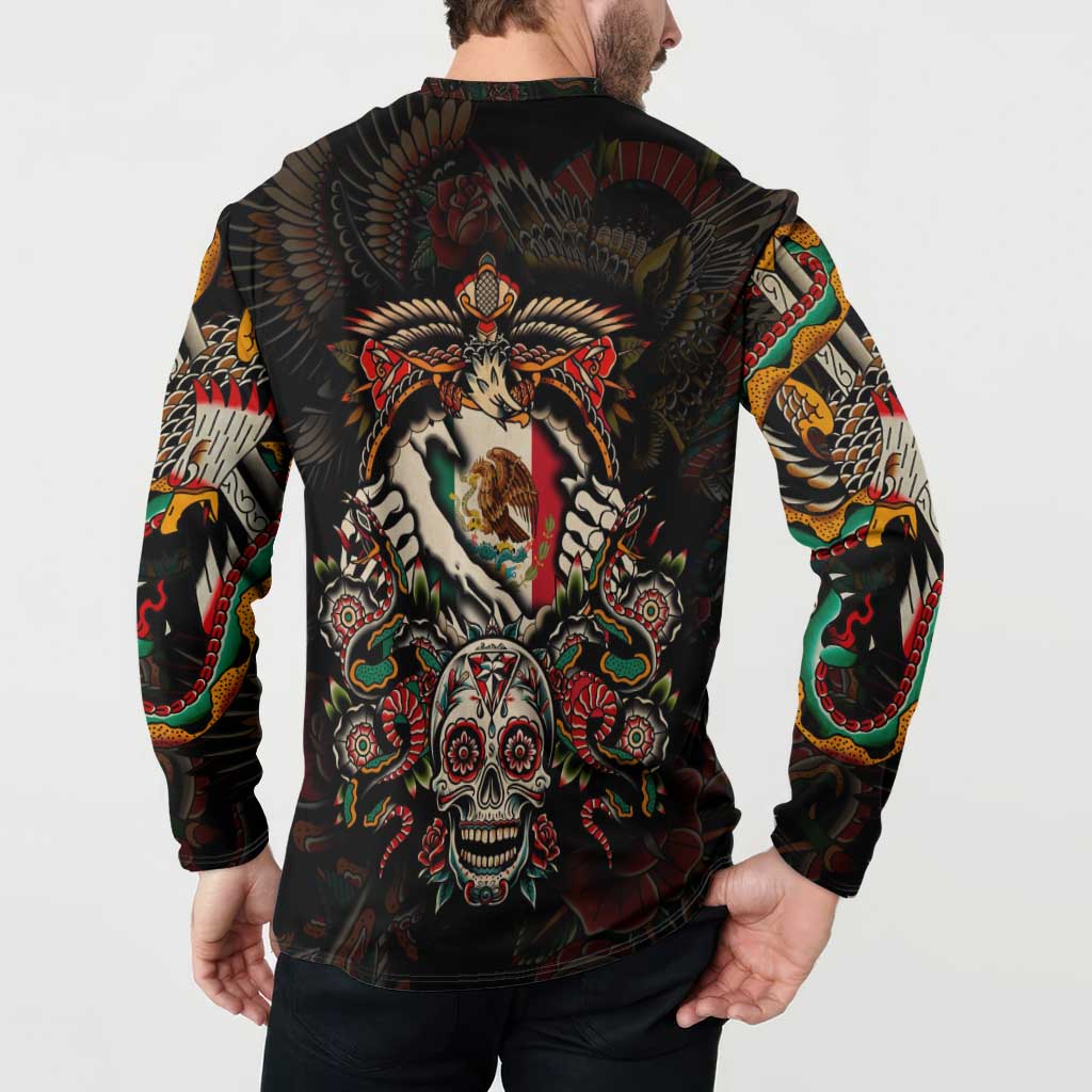 Mexico Sugar Skull Button Sweatshirt Tattoo Art Mexican Flag