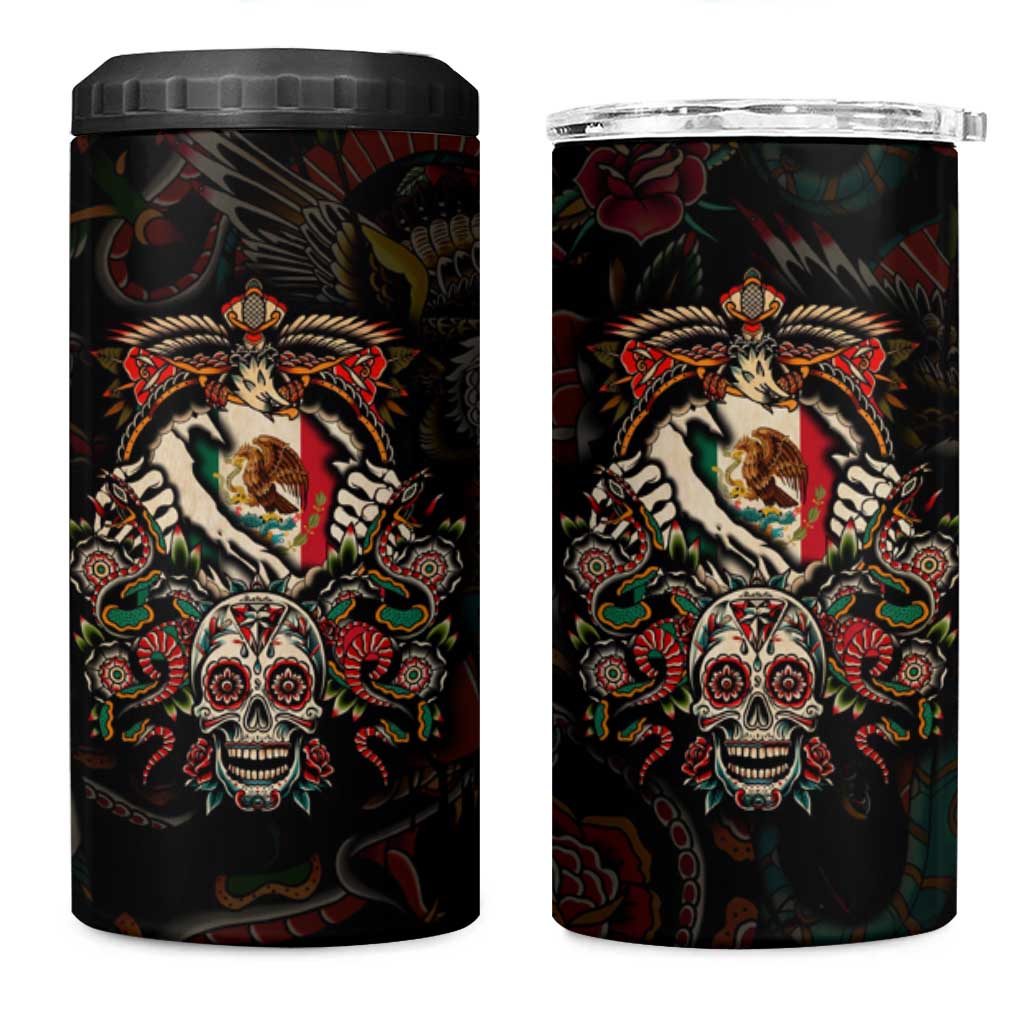 Mexico Sugar Skull 4 in 1 Can Cooler Tumbler Tattoo Art Mexican Flag