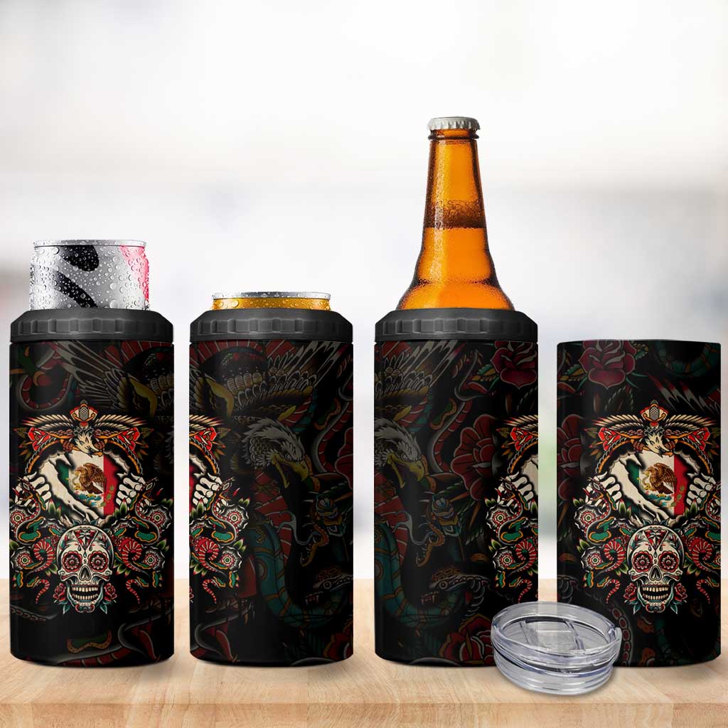 Mexico Sugar Skull 4 in 1 Can Cooler Tumbler Tattoo Art Mexican Flag