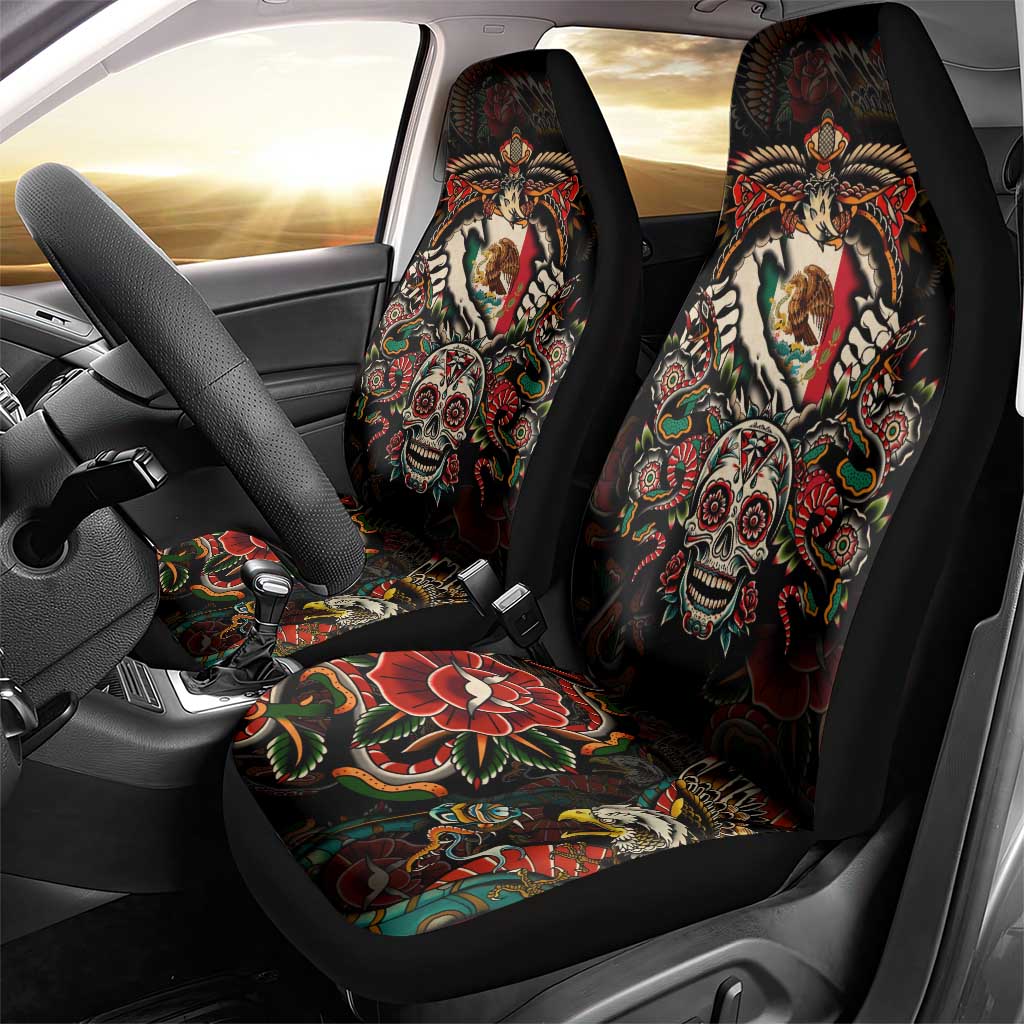 Mexico Sugar Skull Car Seat Cover Tattoo Art Mexican Flag