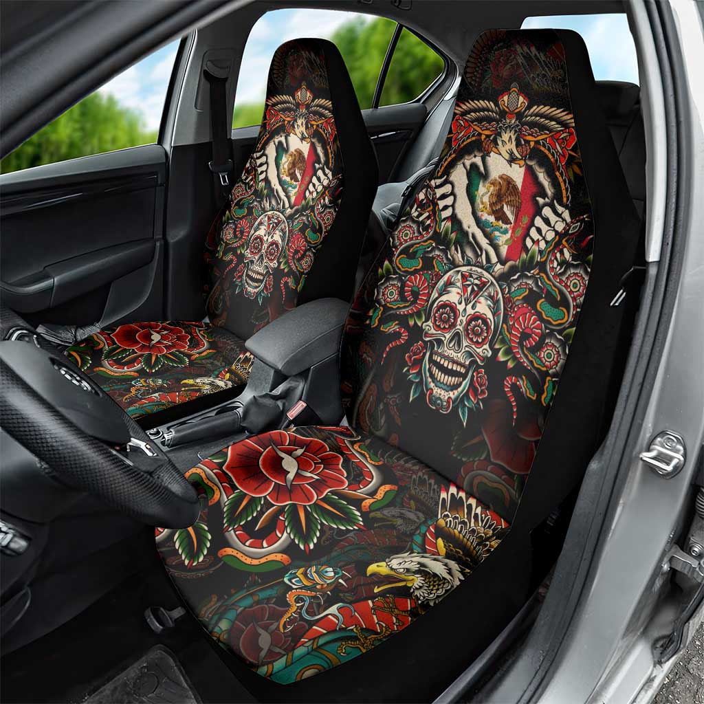Mexico Sugar Skull Car Seat Cover Tattoo Art Mexican Flag