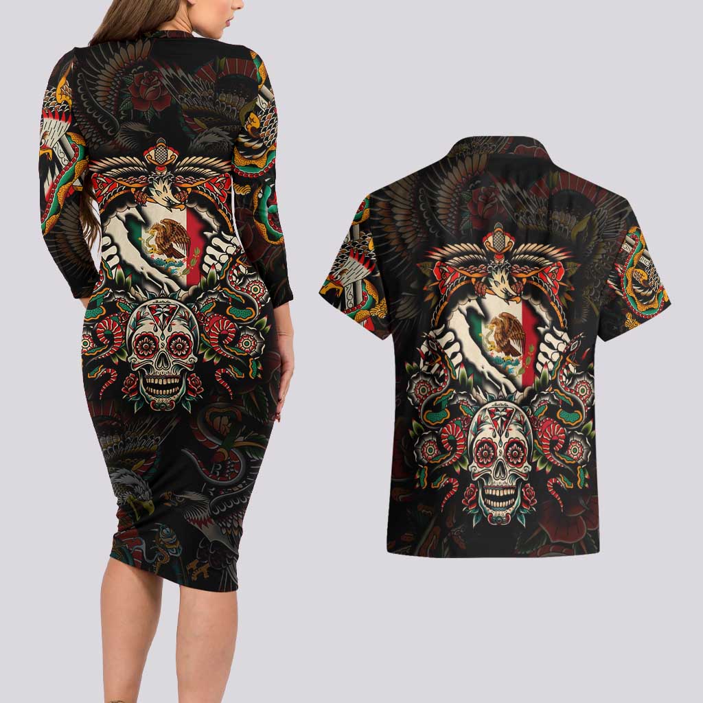 Mexico Sugar Skull Couples Matching Long Sleeve Bodycon Dress and Hawaiian Shirt Tattoo Art Mexican Flag
