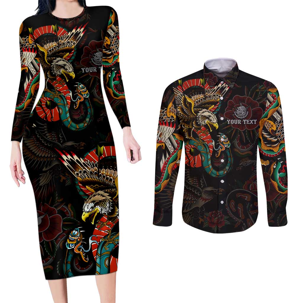 Mexico Sugar Skull Couples Matching Long Sleeve Bodycon Dress and Long Sleeve Button Shirt Tattoo Art Mexican Flag
