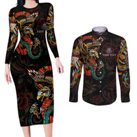 Mexico Sugar Skull Couples Matching Long Sleeve Bodycon Dress and Long Sleeve Button Shirt Tattoo Art Mexican Flag