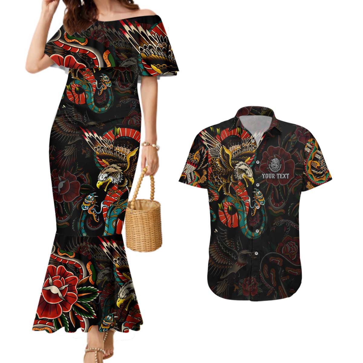 Mexico Sugar Skull Couples Matching Mermaid Dress and Hawaiian Shirt Tattoo Art Mexican Flag