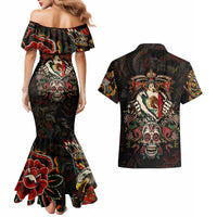 Mexico Sugar Skull Couples Matching Mermaid Dress and Hawaiian Shirt Tattoo Art Mexican Flag