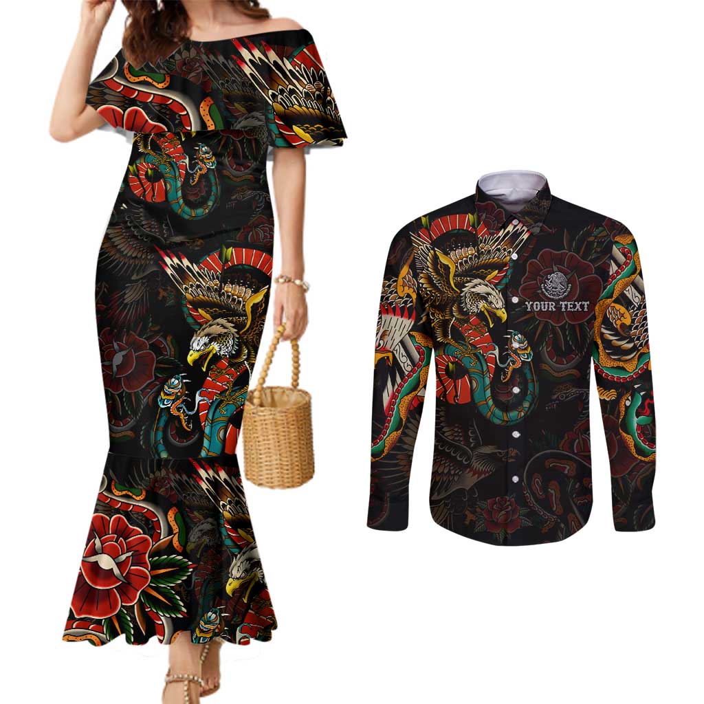 Mexico Sugar Skull Couples Matching Mermaid Dress and Long Sleeve Button Shirt Tattoo Art Mexican Flag