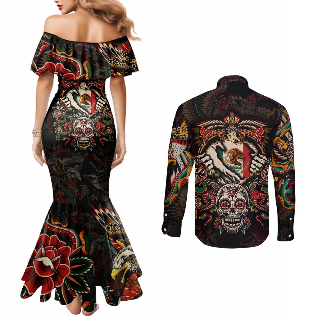 Mexico Sugar Skull Couples Matching Mermaid Dress and Long Sleeve Button Shirt Tattoo Art Mexican Flag