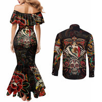 Mexico Sugar Skull Couples Matching Mermaid Dress and Long Sleeve Button Shirt Tattoo Art Mexican Flag