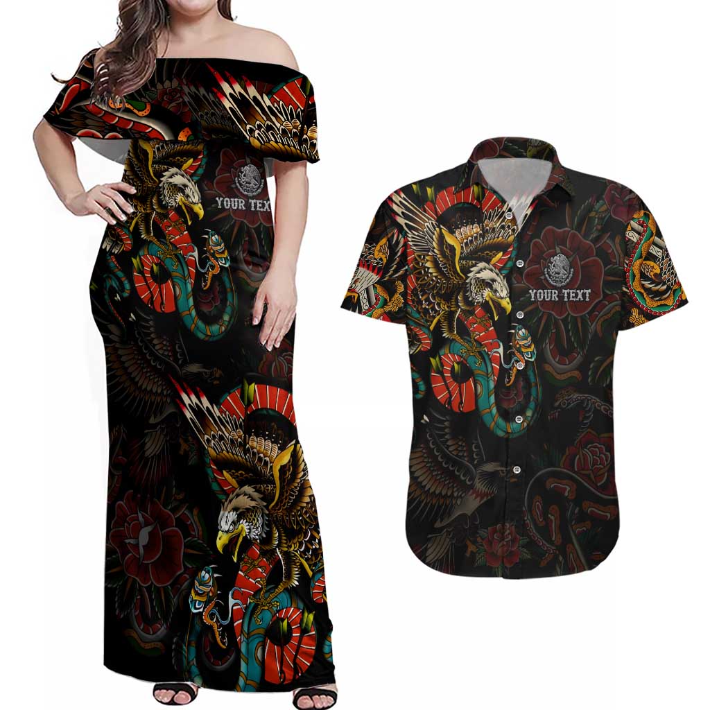 Mexico Sugar Skull Couples Matching Off Shoulder Maxi Dress and Hawaiian Shirt Tattoo Art Mexican Flag