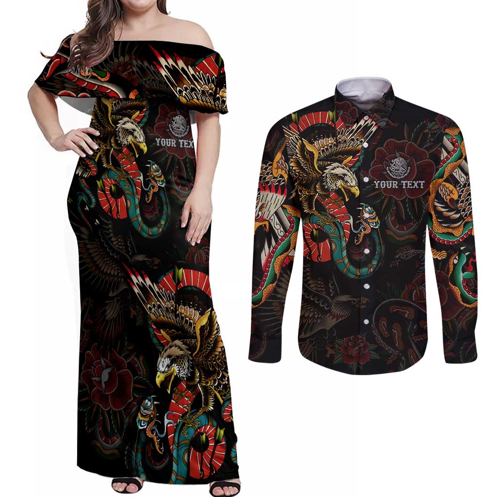 Mexico Sugar Skull Couples Matching Off Shoulder Maxi Dress and Long Sleeve Button Shirt Tattoo Art Mexican Flag