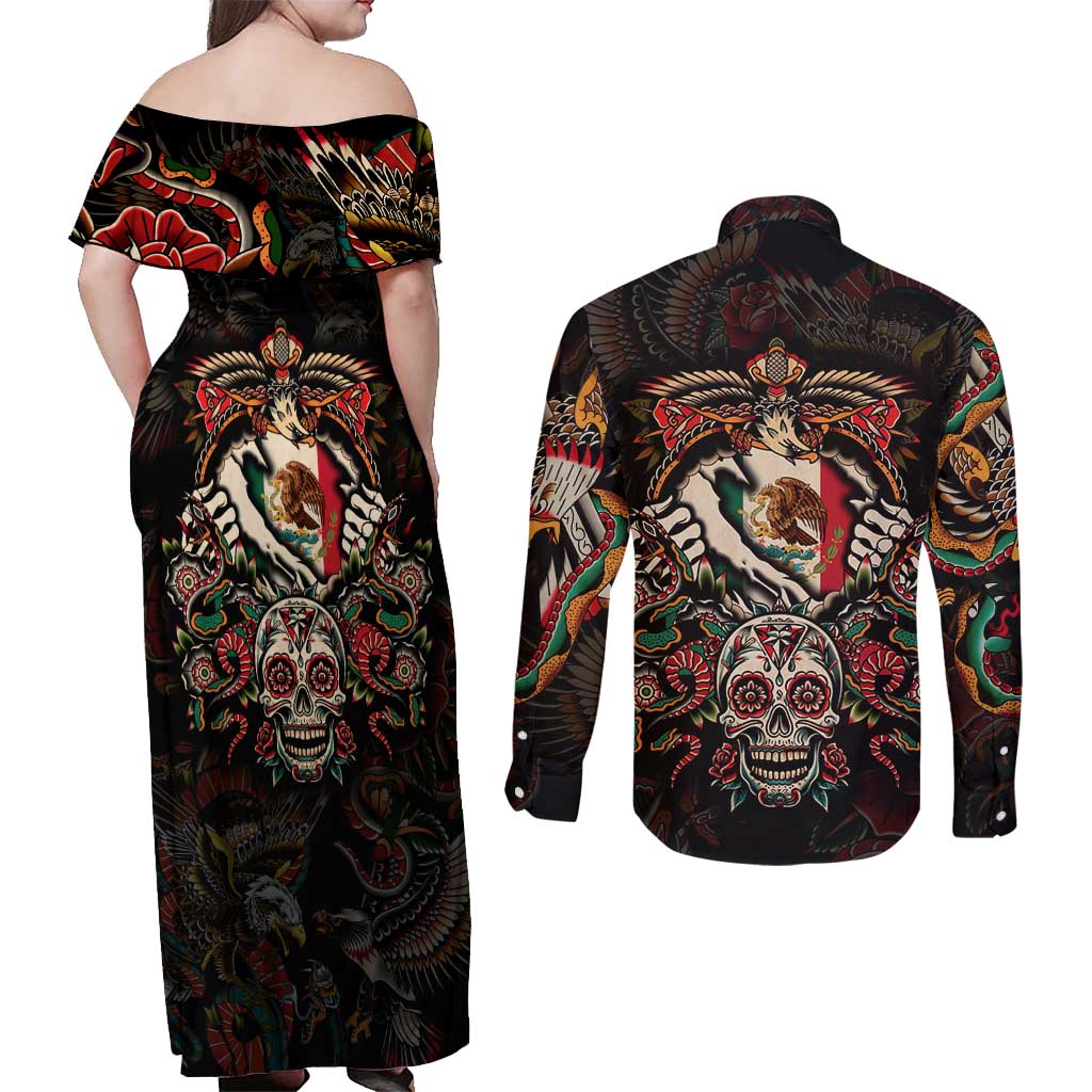 Mexico Sugar Skull Couples Matching Off Shoulder Maxi Dress and Long Sleeve Button Shirt Tattoo Art Mexican Flag