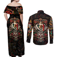 Mexico Sugar Skull Couples Matching Off Shoulder Maxi Dress and Long Sleeve Button Shirt Tattoo Art Mexican Flag
