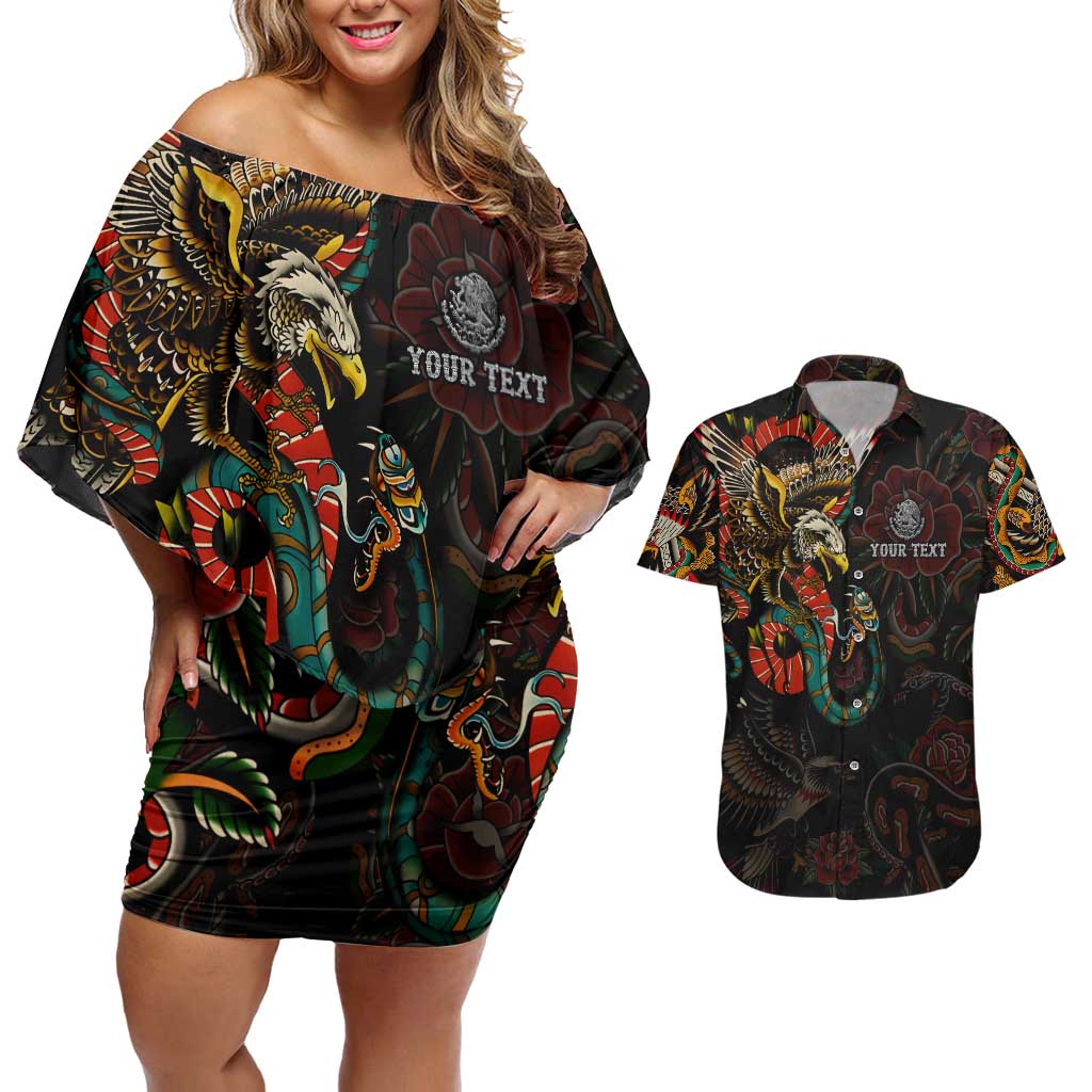 Mexico Sugar Skull Couples Matching Off Shoulder Short Dress and Hawaiian Shirt Tattoo Art Mexican Flag