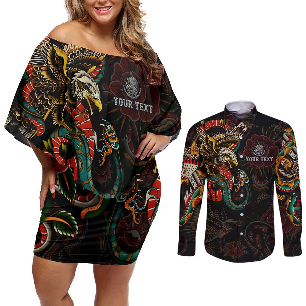 Mexico Sugar Skull Couples Matching Off Shoulder Short Dress and Long Sleeve Button Shirt Tattoo Art Mexican Flag