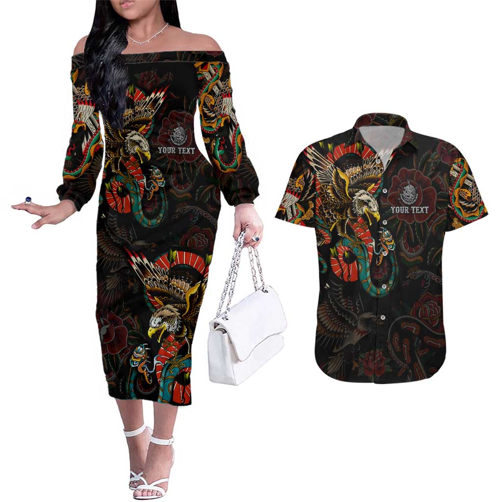 Mexico Sugar Skull Couples Matching Off The Shoulder Long Sleeve Dress and Hawaiian Shirt Tattoo Art Mexican Flag