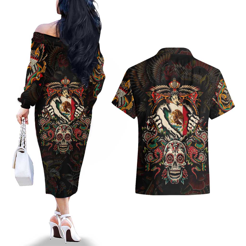 Mexico Sugar Skull Couples Matching Off The Shoulder Long Sleeve Dress and Hawaiian Shirt Tattoo Art Mexican Flag