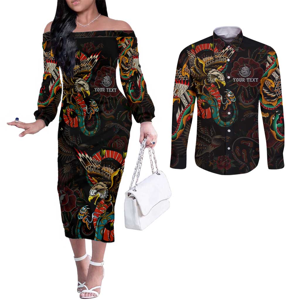 Mexico Sugar Skull Couples Matching Off The Shoulder Long Sleeve Dress and Long Sleeve Button Shirt Tattoo Art Mexican Flag
