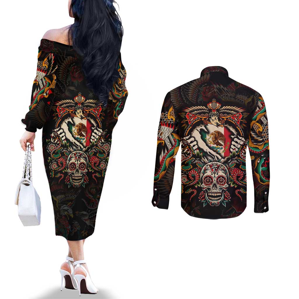 Mexico Sugar Skull Couples Matching Off The Shoulder Long Sleeve Dress and Long Sleeve Button Shirt Tattoo Art Mexican Flag