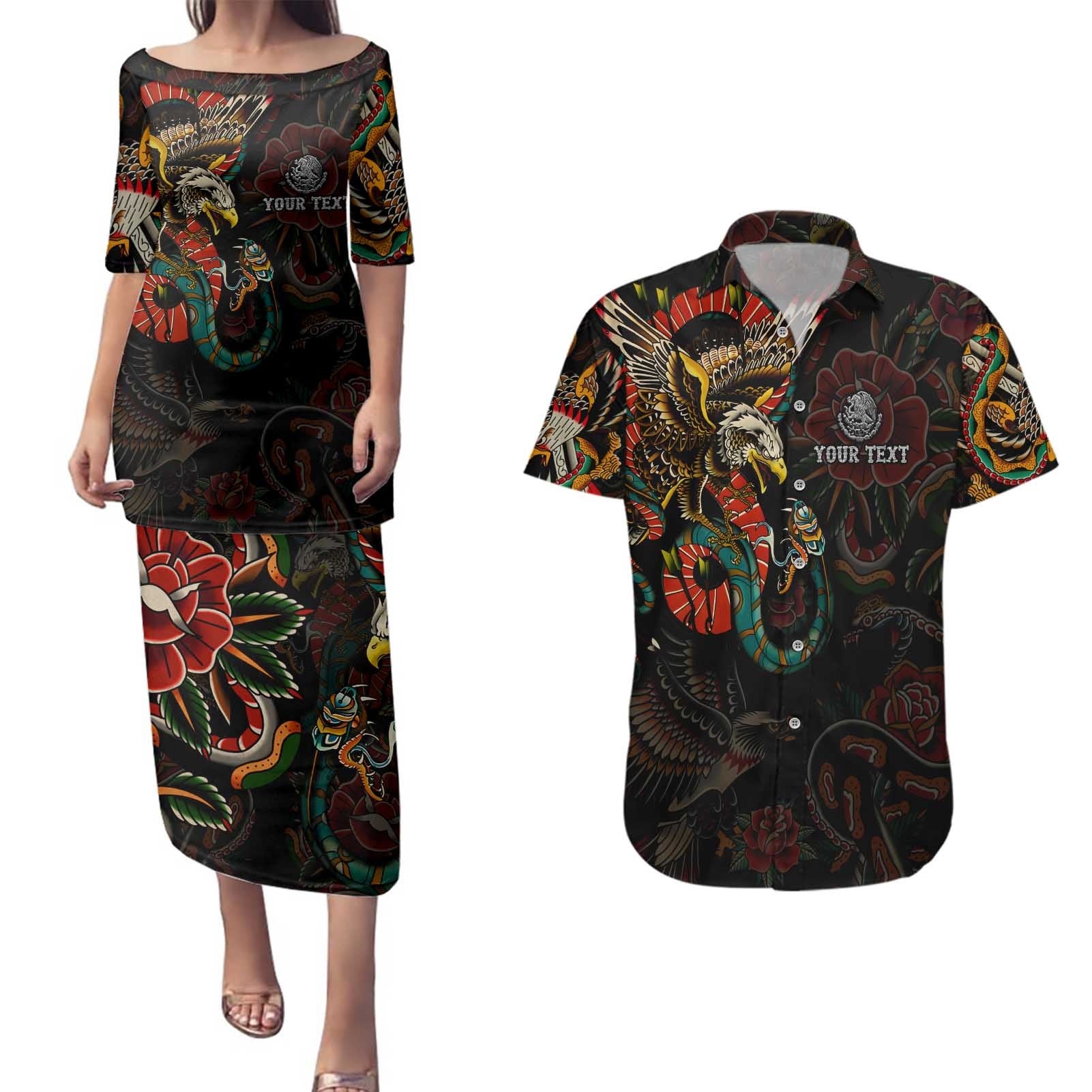 Mexico Sugar Skull Couples Matching Puletasi and Hawaiian Shirt Tattoo Art Mexican Flag