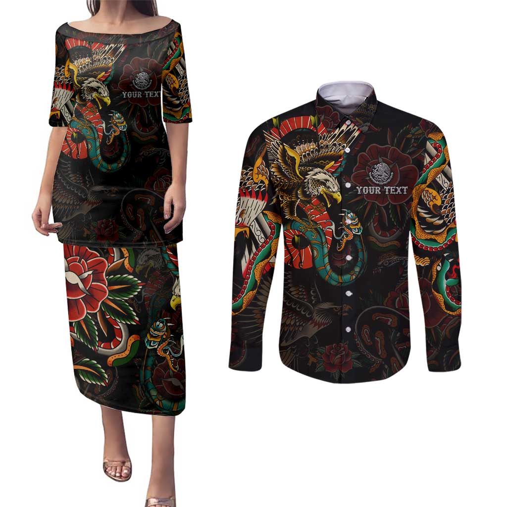 Mexico Sugar Skull Couples Matching Puletasi and Long Sleeve Button Shirt Tattoo Art Mexican Flag