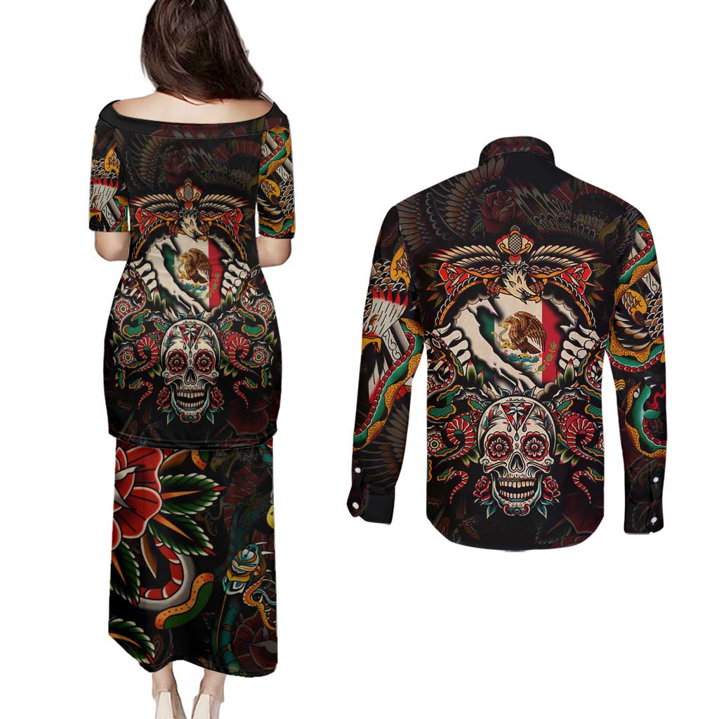 Mexico Sugar Skull Couples Matching Puletasi and Long Sleeve Button Shirt Tattoo Art Mexican Flag