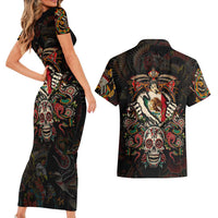 Mexico Sugar Skull Couples Matching Short Sleeve Bodycon Dress and Hawaiian Shirt Tattoo Art Mexican Flag