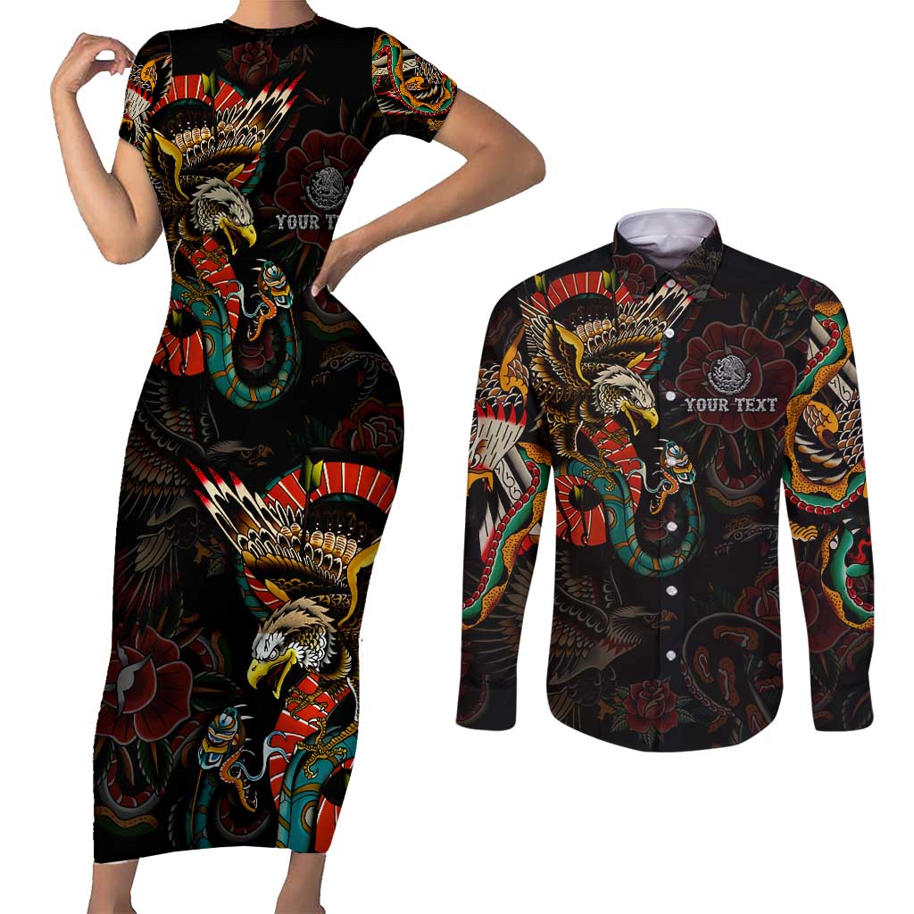 Mexico Sugar Skull Couples Matching Short Sleeve Bodycon Dress and Long Sleeve Button Shirt Tattoo Art Mexican Flag