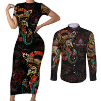 Mexico Sugar Skull Couples Matching Short Sleeve Bodycon Dress and Long Sleeve Button Shirt Tattoo Art Mexican Flag