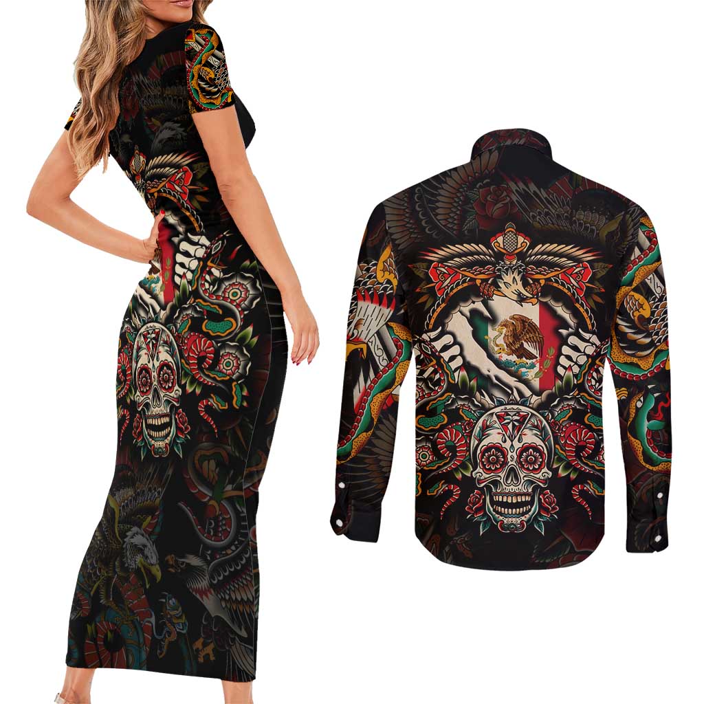 Mexico Sugar Skull Couples Matching Short Sleeve Bodycon Dress and Long Sleeve Button Shirt Tattoo Art Mexican Flag