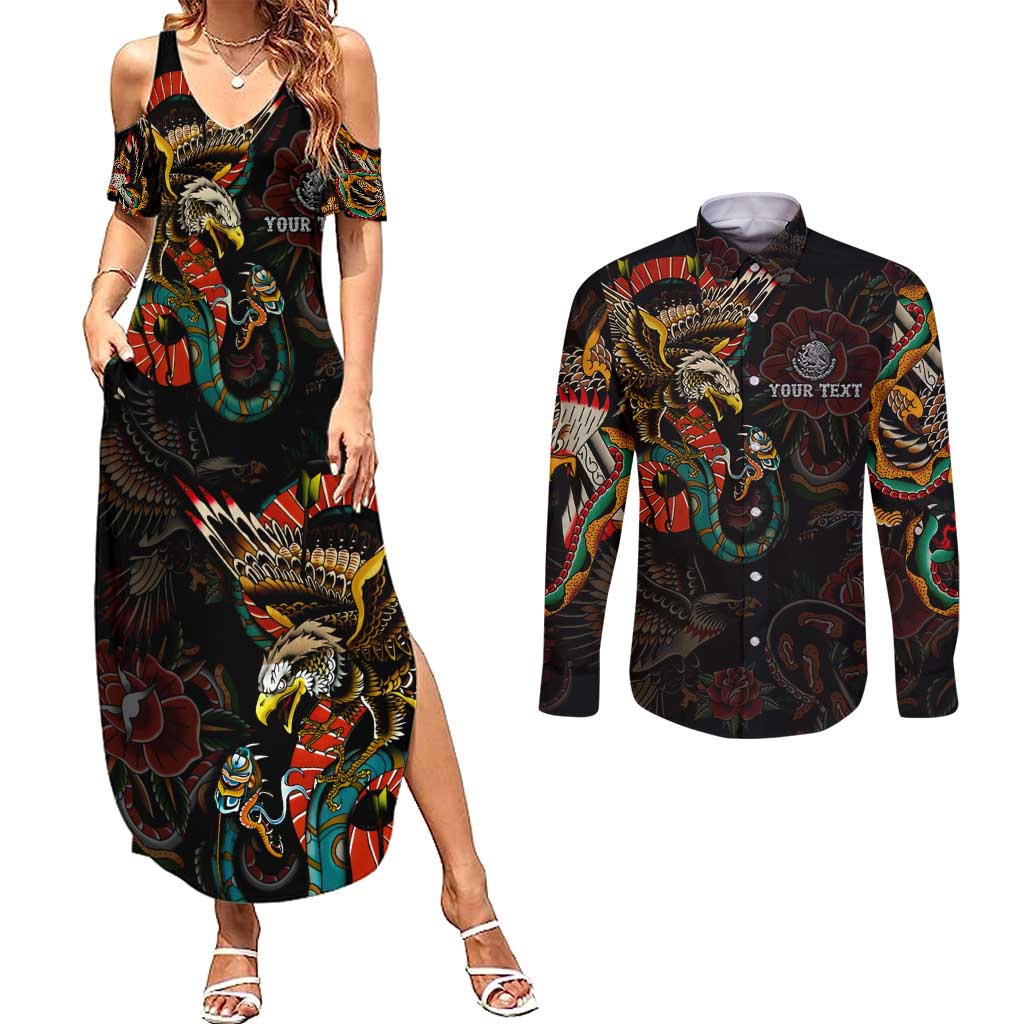 Mexico Sugar Skull Couples Matching Summer Maxi Dress and Long Sleeve Button Shirt Tattoo Art Mexican Flag
