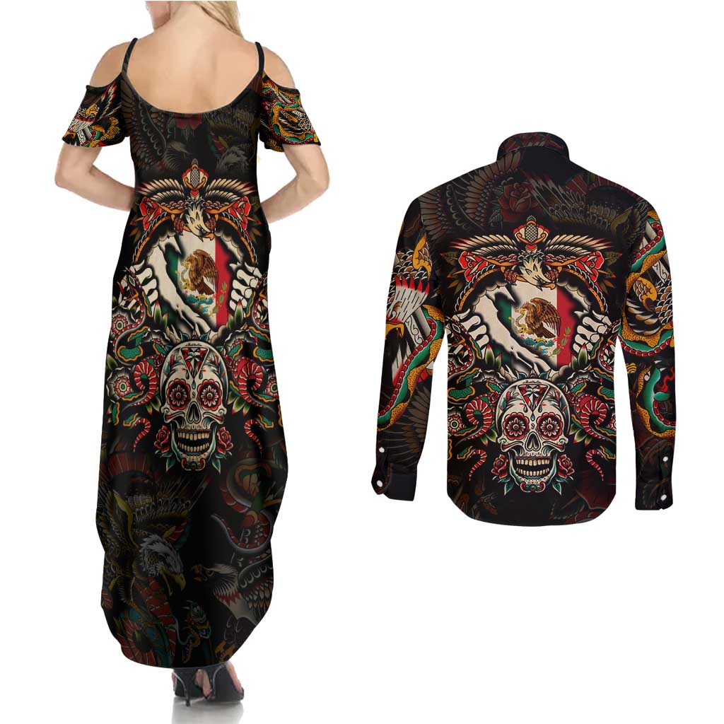 Mexico Sugar Skull Couples Matching Summer Maxi Dress and Long Sleeve Button Shirt Tattoo Art Mexican Flag