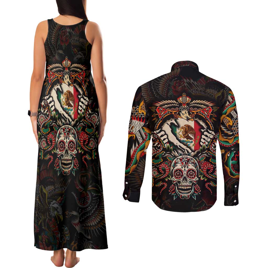 Mexico Sugar Skull Couples Matching Tank Maxi Dress and Long Sleeve Button Shirt Tattoo Art Mexican Flag