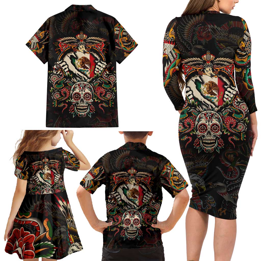 Mexico Sugar Skull Family Matching Long Sleeve Bodycon Dress and Hawaiian Shirt Tattoo Art Mexican Flag