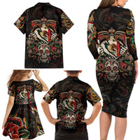 Mexico Sugar Skull Family Matching Long Sleeve Bodycon Dress and Hawaiian Shirt Tattoo Art Mexican Flag