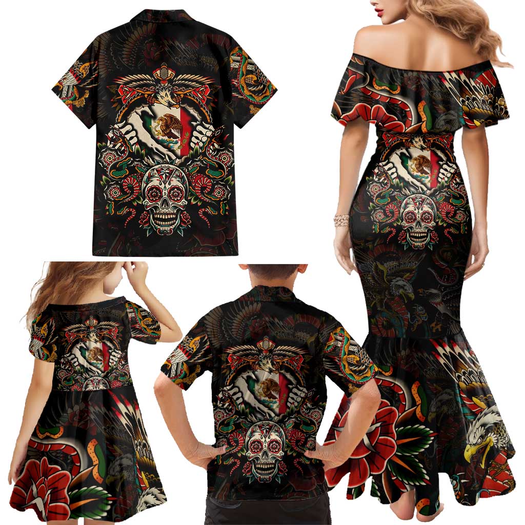 Mexico Sugar Skull Family Matching Mermaid Dress and Hawaiian Shirt Tattoo Art Mexican Flag
