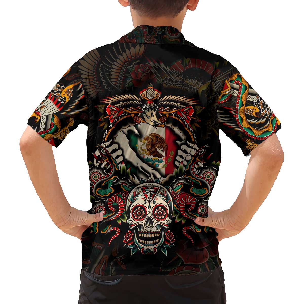 Mexico Sugar Skull Family Matching Off The Shoulder Long Sleeve Dress and Hawaiian Shirt Tattoo Art Mexican Flag