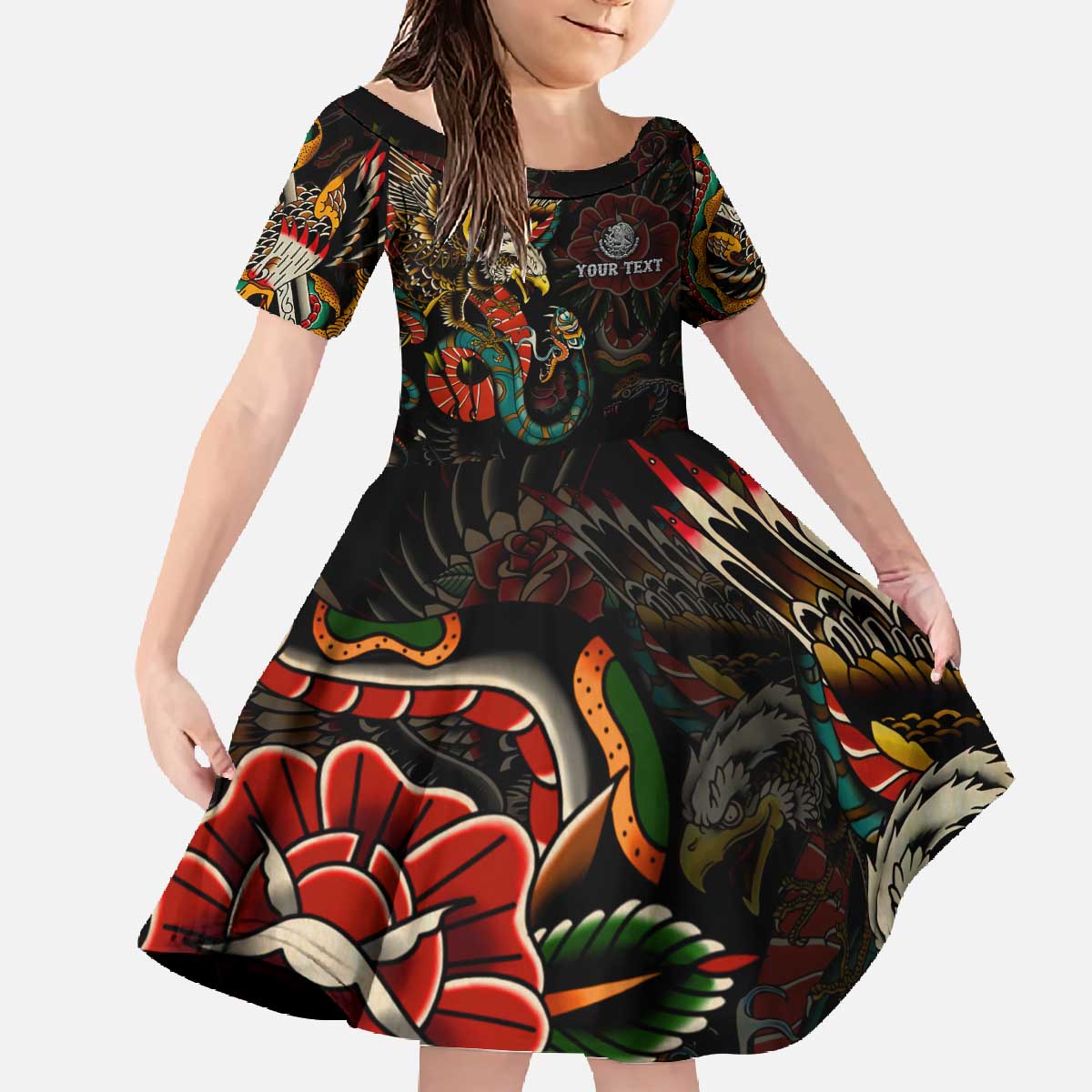 Mexico Sugar Skull Family Matching Off The Shoulder Long Sleeve Dress and Hawaiian Shirt Tattoo Art Mexican Flag