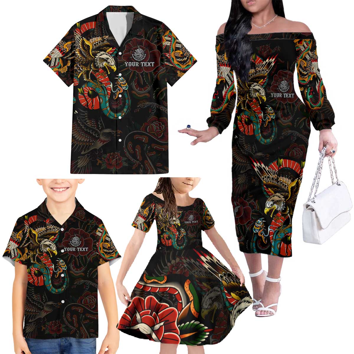 Mexico Sugar Skull Family Matching Off The Shoulder Long Sleeve Dress and Hawaiian Shirt Tattoo Art Mexican Flag