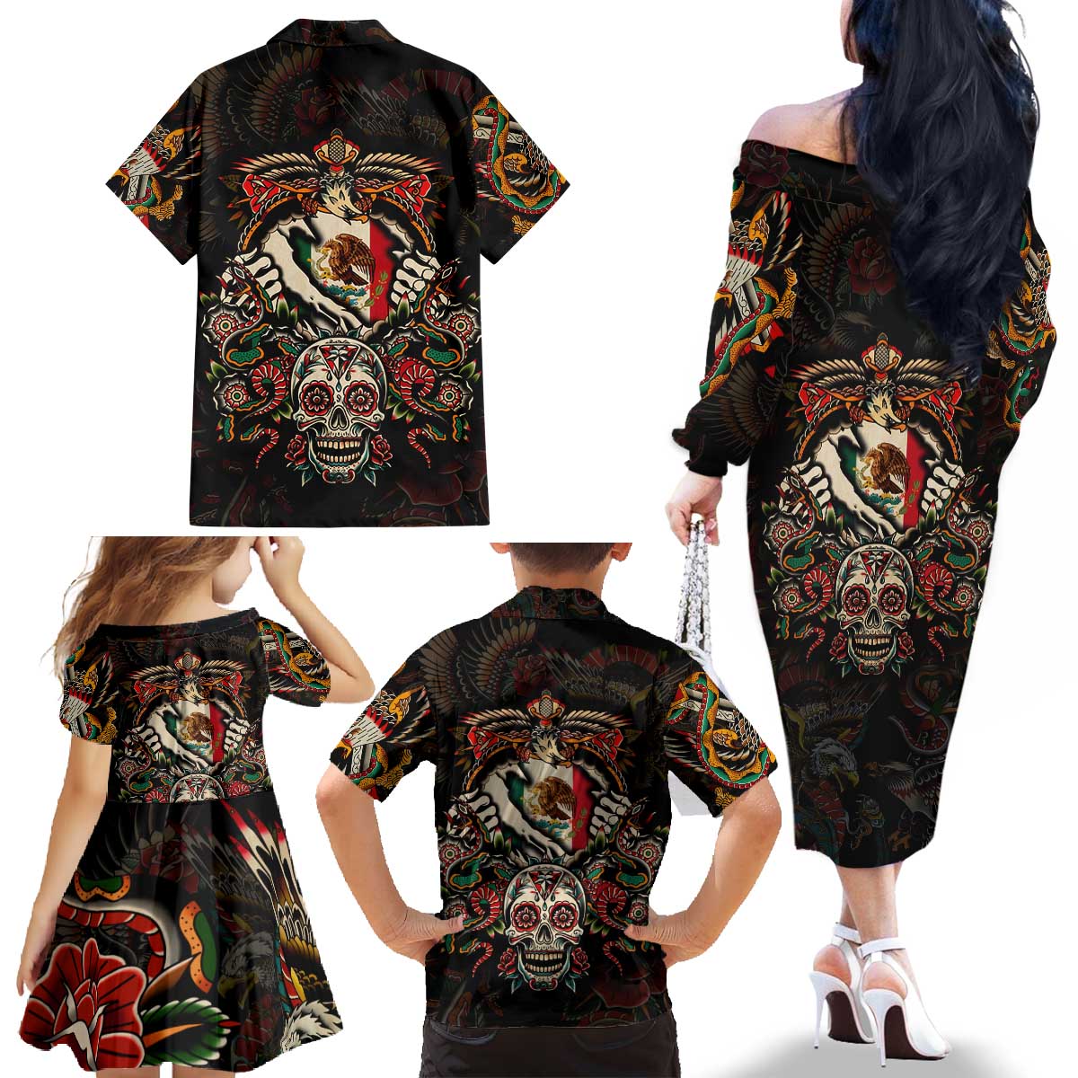 Mexico Sugar Skull Family Matching Off The Shoulder Long Sleeve Dress and Hawaiian Shirt Tattoo Art Mexican Flag