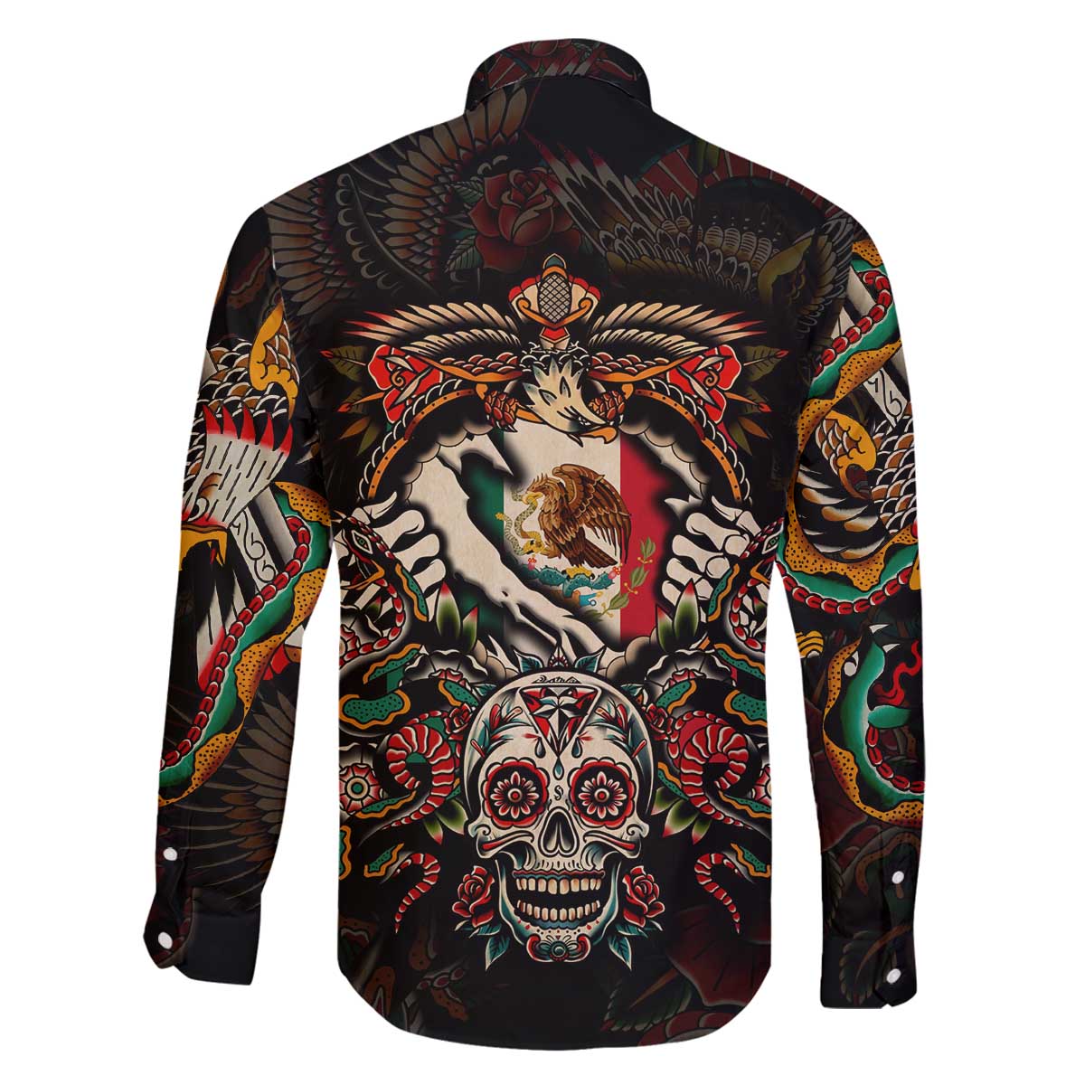 Mexico Sugar Skull Family Matching Off The Shoulder Long Sleeve Dress and Hawaiian Shirt Tattoo Art Mexican Flag