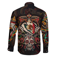 Mexico Sugar Skull Family Matching Off The Shoulder Long Sleeve Dress and Hawaiian Shirt Tattoo Art Mexican Flag