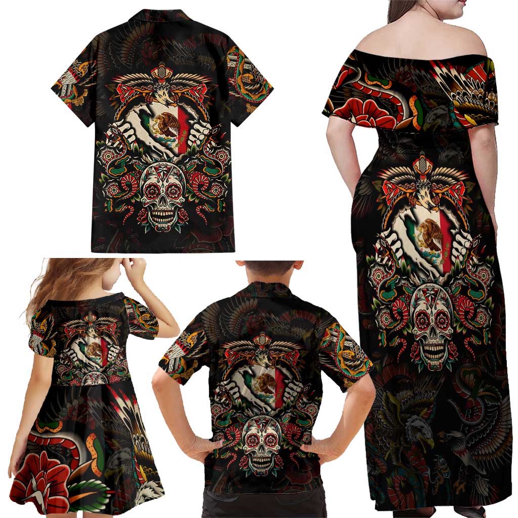 Mexico Sugar Skull Family Matching Off Shoulder Maxi Dress and Hawaiian Shirt Tattoo Art Mexican Flag