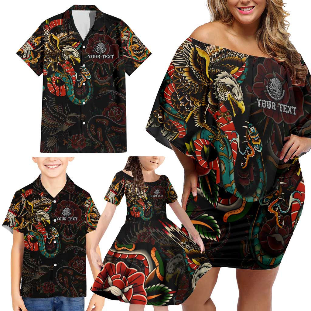 Mexico Sugar Skull Family Matching Off Shoulder Short Dress and Hawaiian Shirt Tattoo Art Mexican Flag
